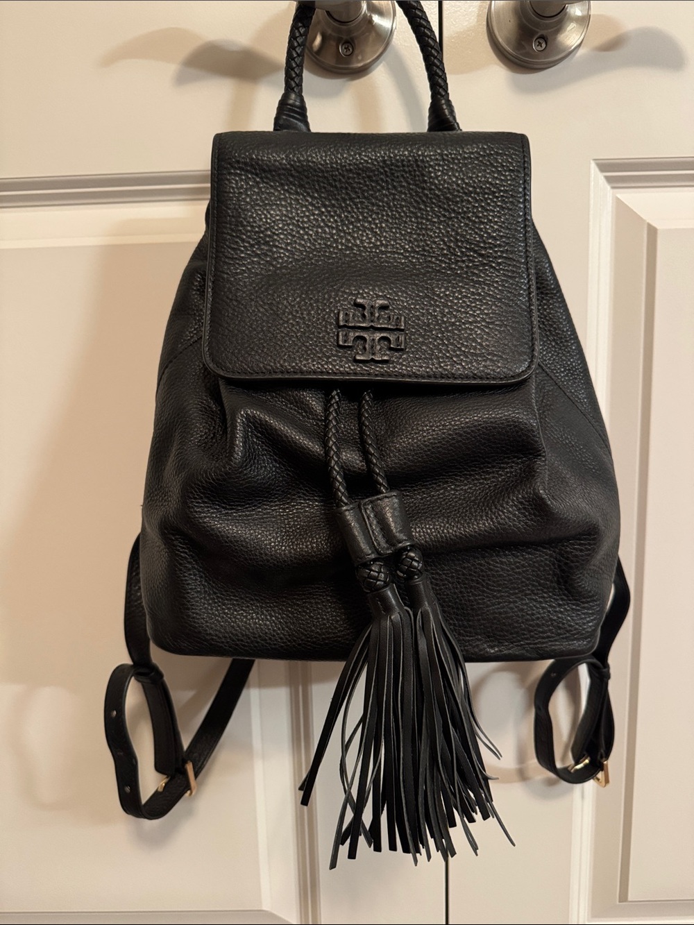 Tory Burch Black Pebbled Leather Tassel Backpack